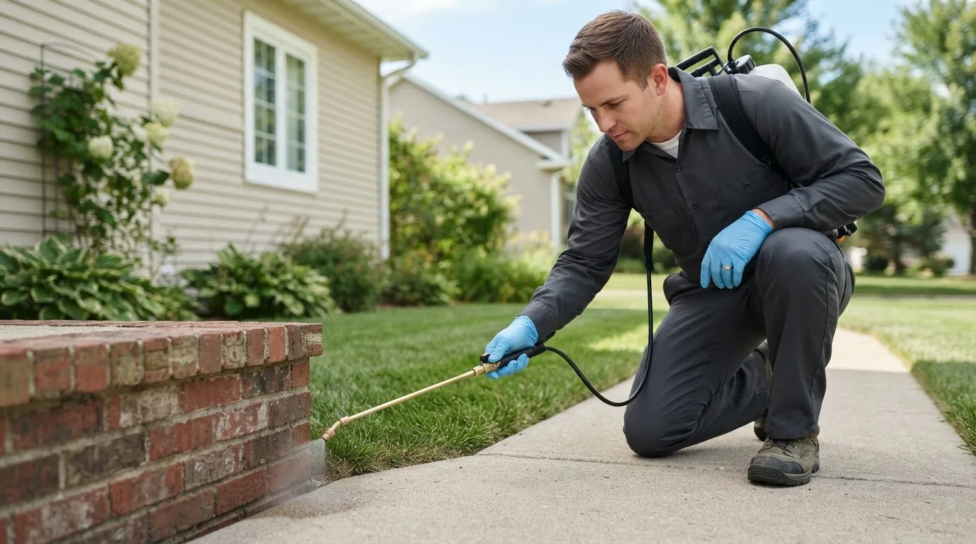 Pest control technician treating a home near Burlington Flats, NY